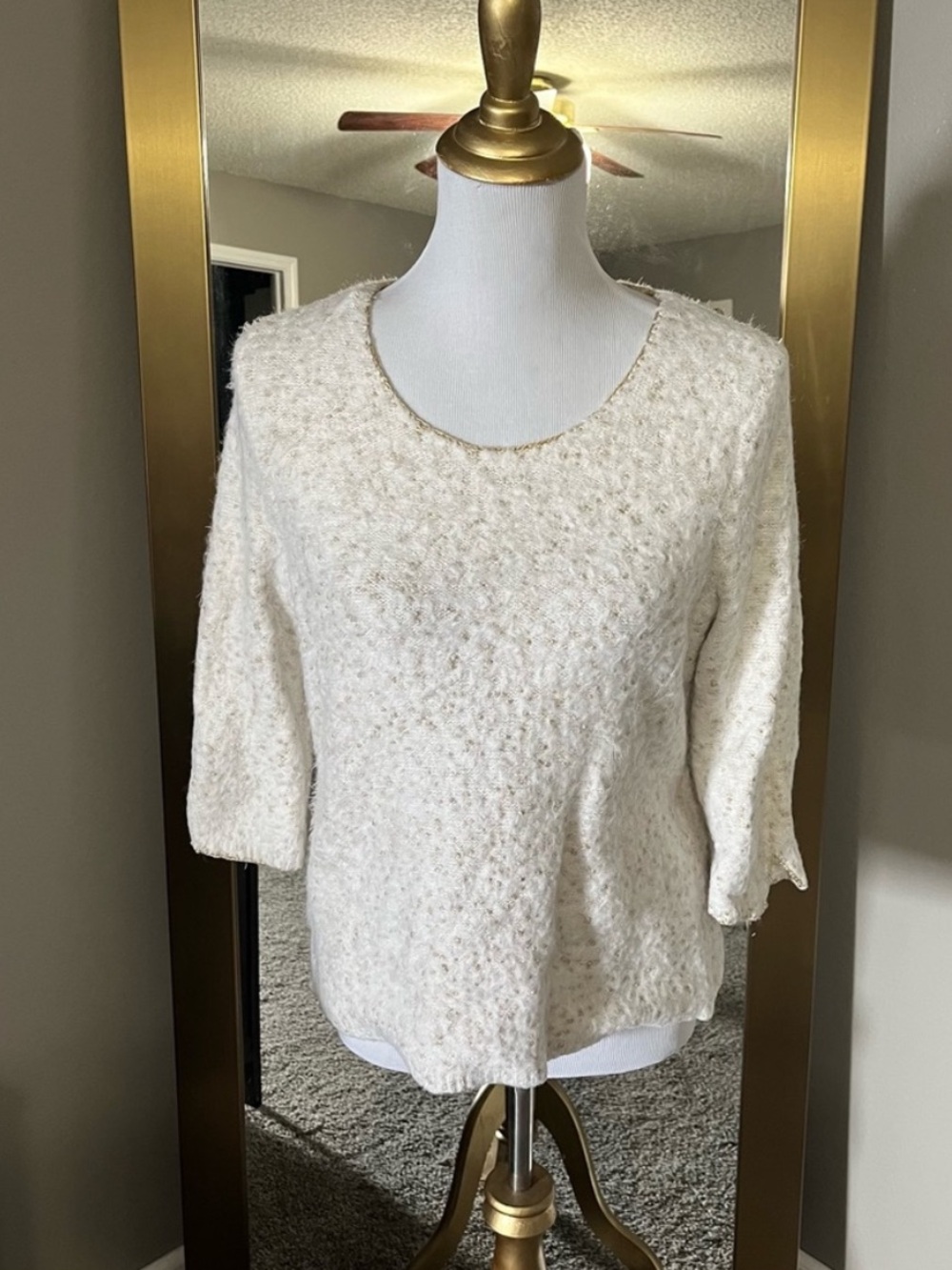 Chico's Cream Textured Scoop Neck Sweater